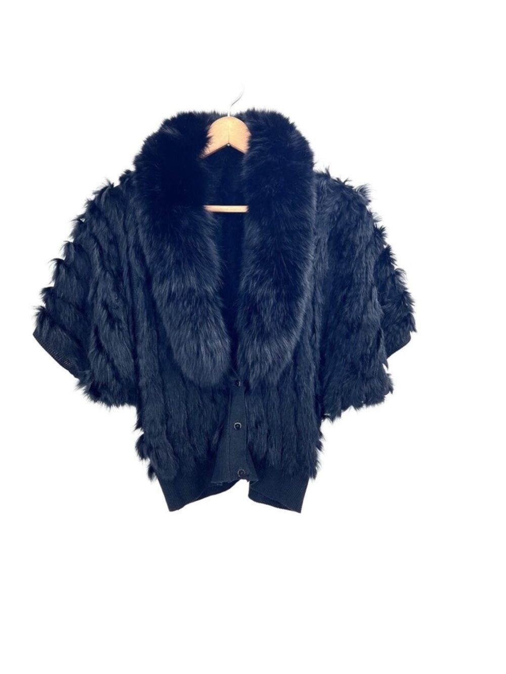Black Rabbit Hair Fur Cardigan Sweater Womens Size Medium Removable Collar
